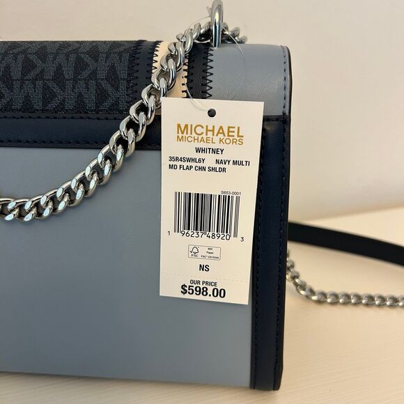 Michael Kors Whitney Medium Flap Chain Crossbody Shoulder Bag Navy Multi - Picture 6 of 11